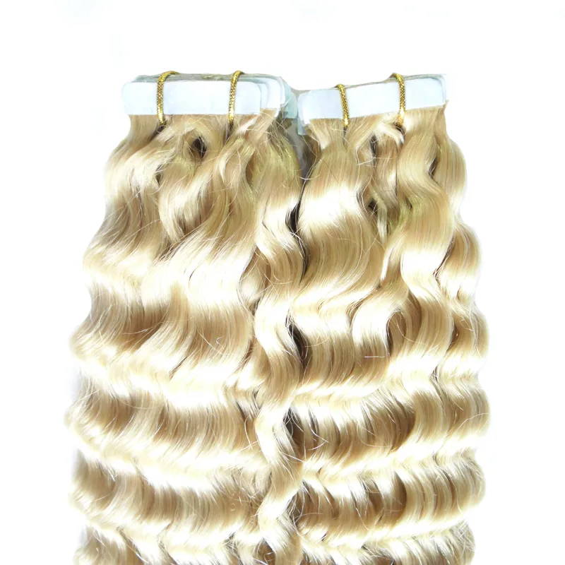 Blonde brazilian virgin hair kinky curly Skin Weft Remy Human Hair Extensions 100g seamless hair extensions