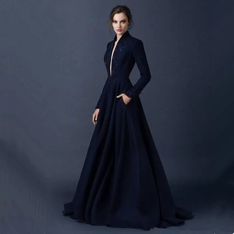 Navy Blue Satin Evening Dresses Embroidery Paolo Sebastian Dresses Custom Made Beaded Formal prom Wear outfit Plunging V Neck Ball254d