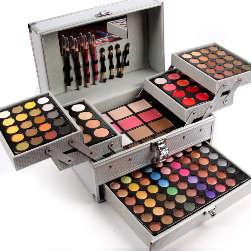 Großhandel - Professionelle Make-up-Set-Box von Miss Rose aus Aluminium mit drei Schichten Glitzer-Lidschatten-Lidgloss-Rouge für Make-up-Zugkoffer