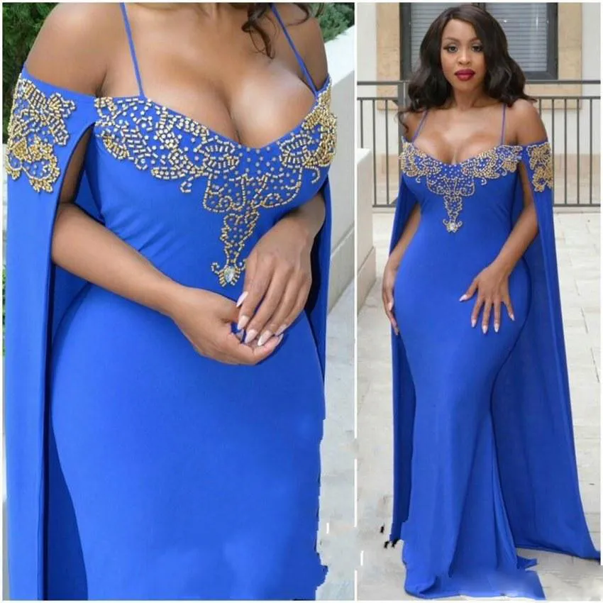 Royal Blue Spaghetti Prom Dresses Plus Size Beaded Mermaid Women Formal Wear Cap Style South African Vestidos Custom Made