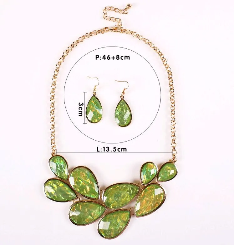 Europe Elegant Women Statement Jewelry Set Resin Designs Water Drop Pendant 18K Gold Plated Choker Necklace Earrings Mix