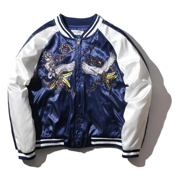 Män grundläggande rockar Fashion Bomber Jacket Män/kvinnor reversibla båda sidor Satin broderi varumärke kläder plus storlek ytterkläder gratis frakt