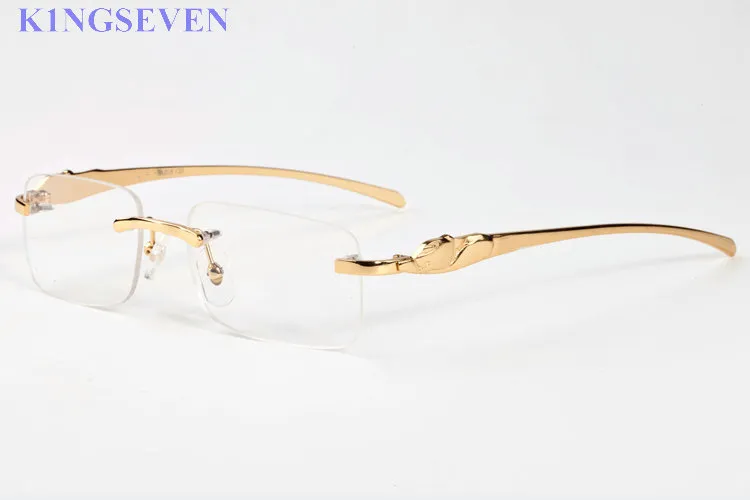 Top Qulaity Fashion Solglasögon Män Kvinnor Rimlösa Buffalo Hornglasögon med Röd Box Case Green Clear Lenses Gold Oculos Gafas Lunettes
