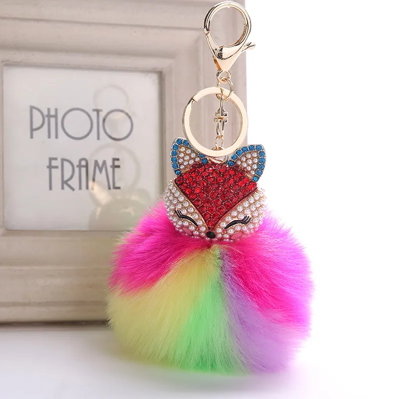 Cute Animal Pompom Key Pierścionki Biżuteria Dla Kobiet Futro Ball Rhinestone Brelok Torba Samochód Brelok Puszyste Keyfobs Uchwyt Party Prezent Kimter-B763S