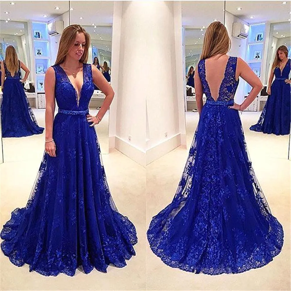 Elegant V-Neck Sleeveless Evening Dress Royal Blue Lace Appliques Sexy High Quality Prom Dress vestidos de baile de formatura