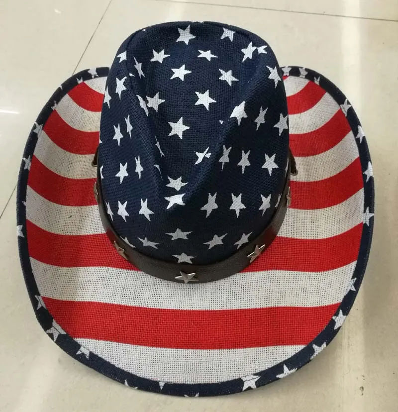 Zomer Unisex Handgemaakte Amerikaanse Vlag Cowboy Straw Sun Hat met Lederen Band USA Wild Brim Caps voor mannen en vrouwen