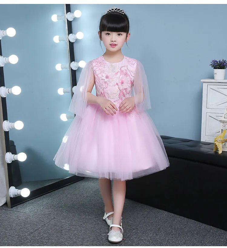 Bonito inchado rosa tulle menina casamentos vestidos apliques vestido de esfera menina festa comunhão vestido bebê 1 ano aniversário baptismo vestidos