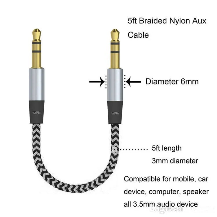 Câble d'extension audio de voiture AUX en nylon tressé 3ft 1M filaire prise stéréo auxiliaire 3,5 mm câble mâle pour téléphone portable, ordinateur, haut-parleur