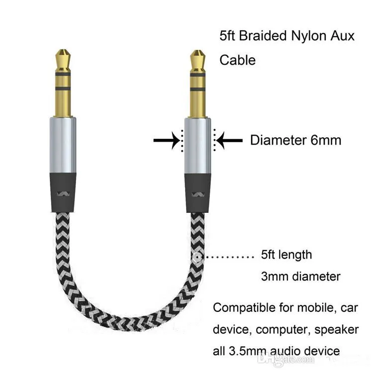 Car Audio Aux Extional Cable Nylon Pleciony 3ft 1M Przewodowy Pomocniczy Stereo Jack 3.5mm Mężczyzna Ołów do telefonu komórkowego, komputera, głośnika