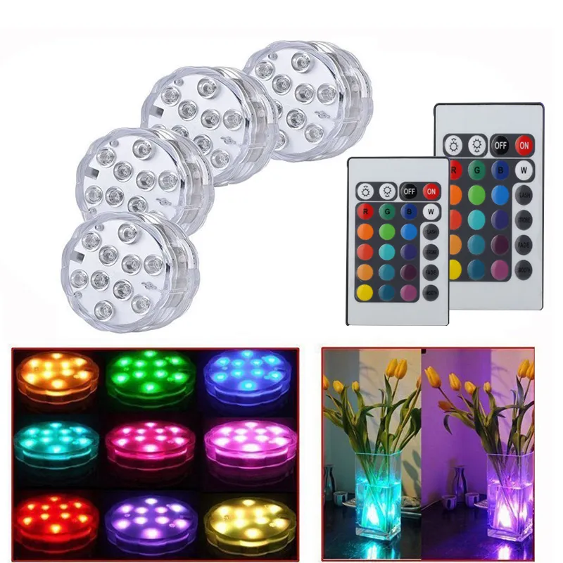 Led Waterproof Submersible Light 10-LED RGB High Brightness Decoration lamp Underwater Colour Changing Lights AA Battery with Remote Control