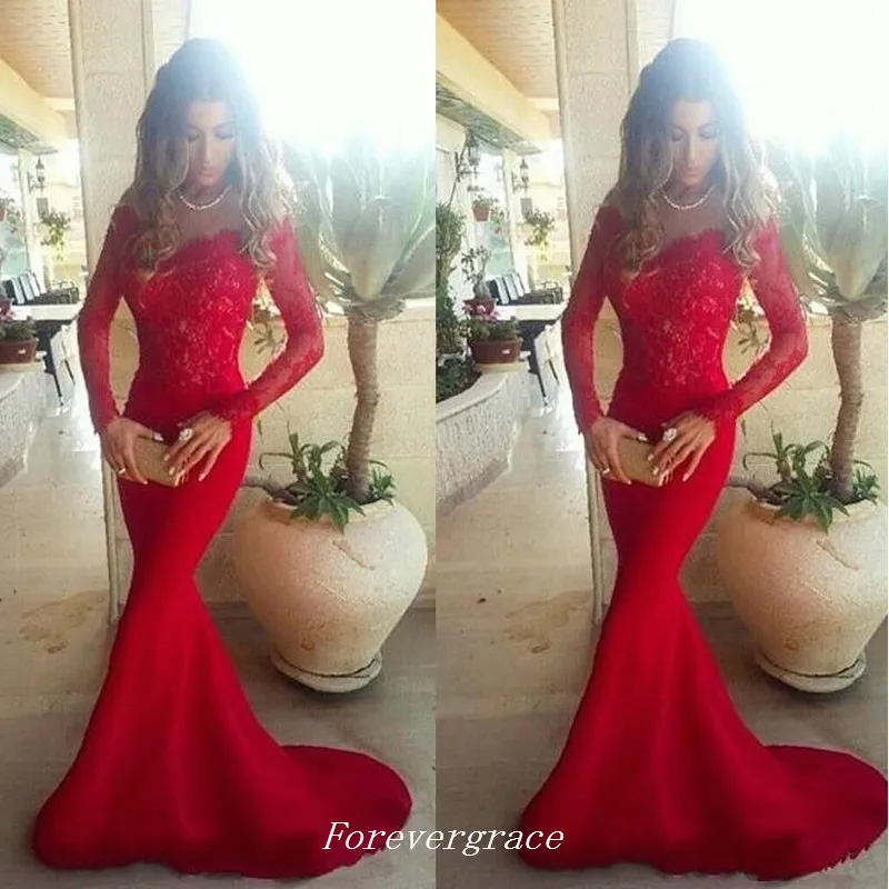 Red Long Sleeves Evening Dress Sexy Mermaid Off Shoulder Lace Girls Wear Special Occasion Party Gown Cheap Custom Made Plus Size