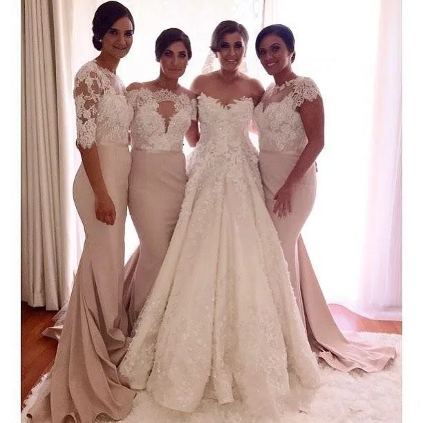 knee length dresses for ladies Lace Appliqued Bodice Pink Chiffon Long Mismatched Bridesmaid Dresses –  SheerGirl main image 0