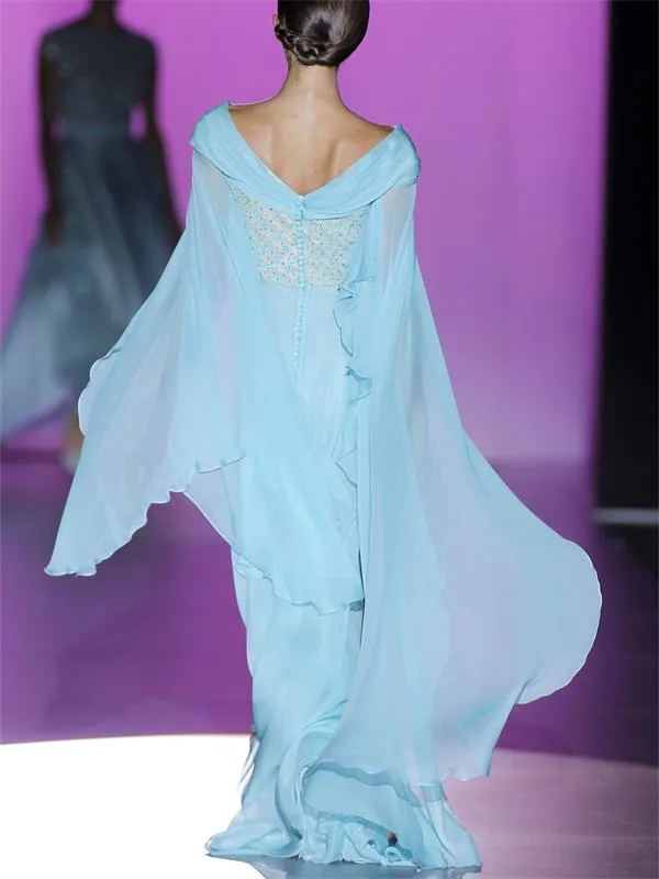 Легкое небо синие шифоновые вечерние платья с длинными рукавами v -шейка с плиссированной кружевной аппликацией.
