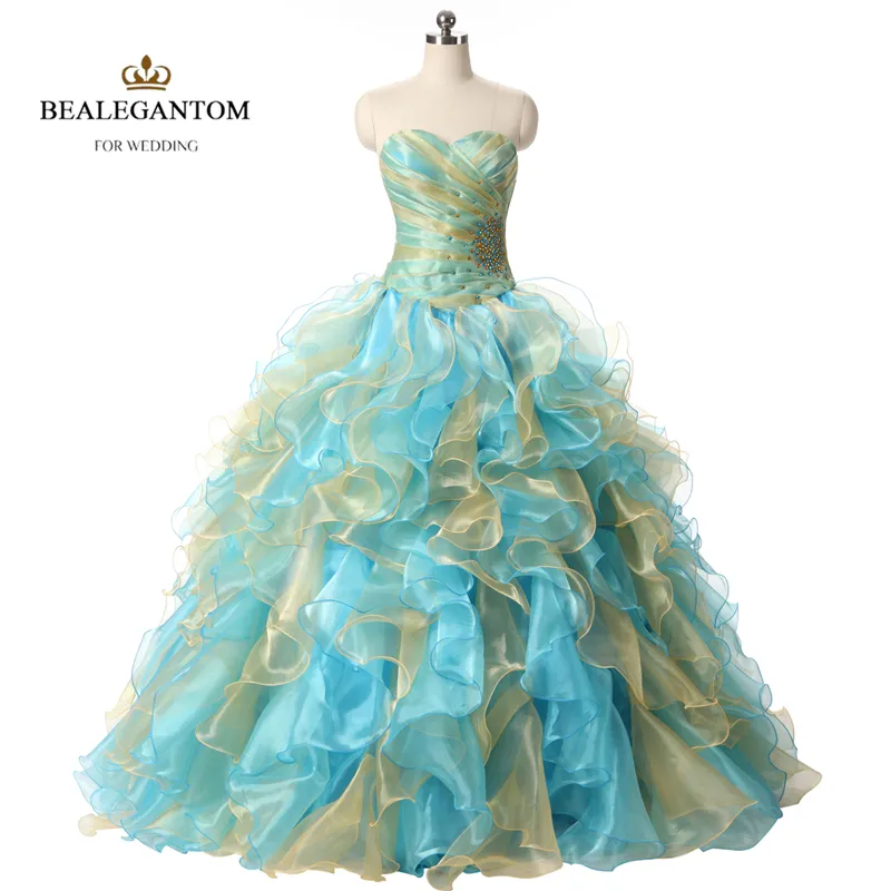 Real Photo Sexy Mint Blue and Gold Quinceanera Dresses 2021 Ball Gown With Ruffle Sequins Sweet 16 Prom Pageant Party Gowns QC121
