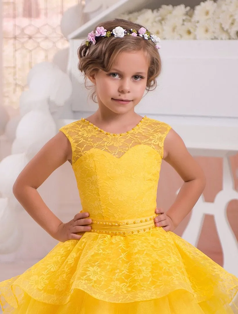 2017 Hot Yellow Pink Scoop Ball Gown Puffy Princess Dress Flower Girl Abiti Girls Pageant Abiti ragazze Compleanno Party Dress formale