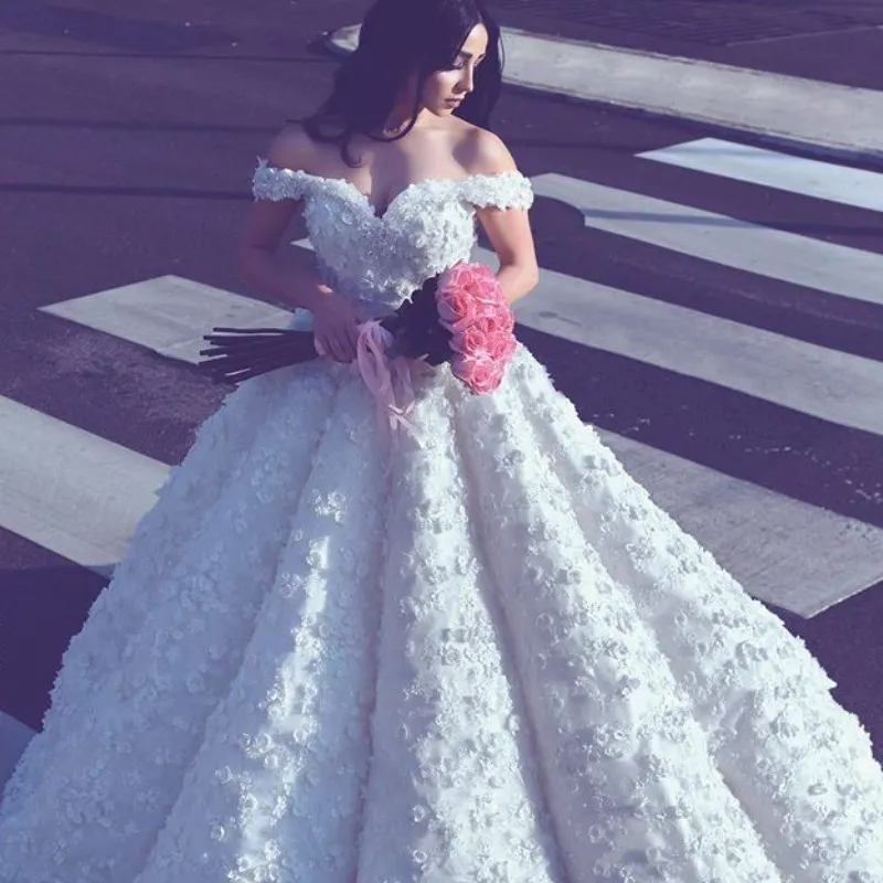 2017 zei Mhamad mooie bruidsjurken sexy off shoulder 3D-floral appliques charmante bruids jurken Laatste mode een lijn trouwjurken