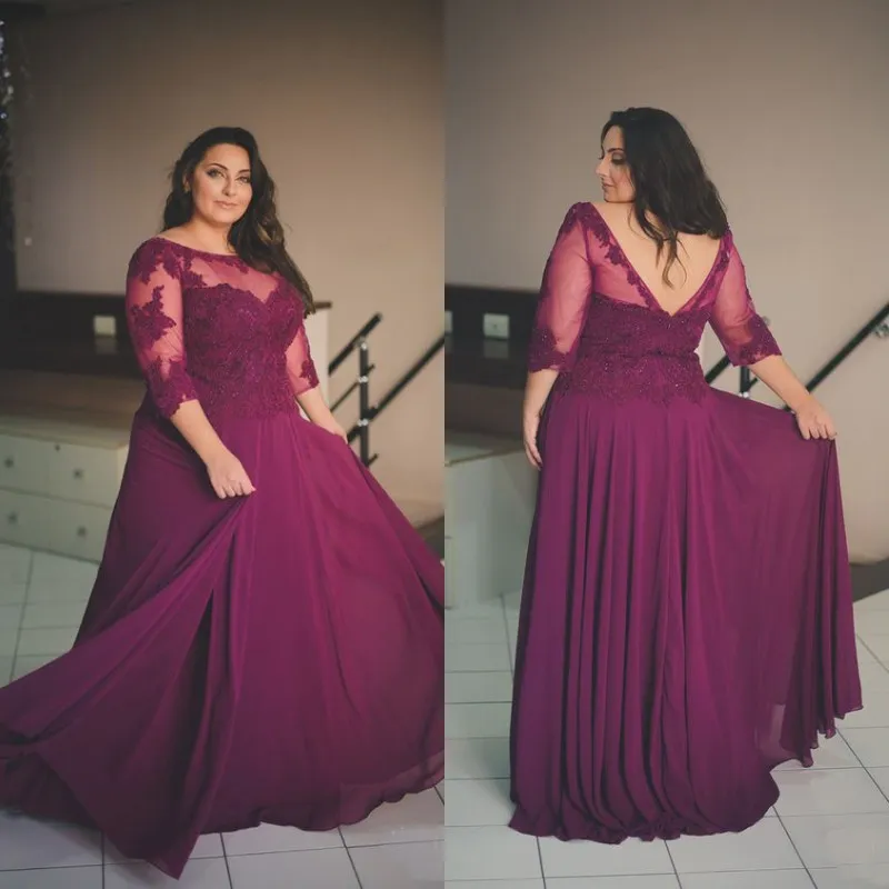 Plus Size Suknie wieczorowe Fioletowe Szyfonowe Szyfonowe Backless Prom Dresses Sheer Neck Lace Aplikacje Top Formalna sukienka z rękawami Illusion Custom