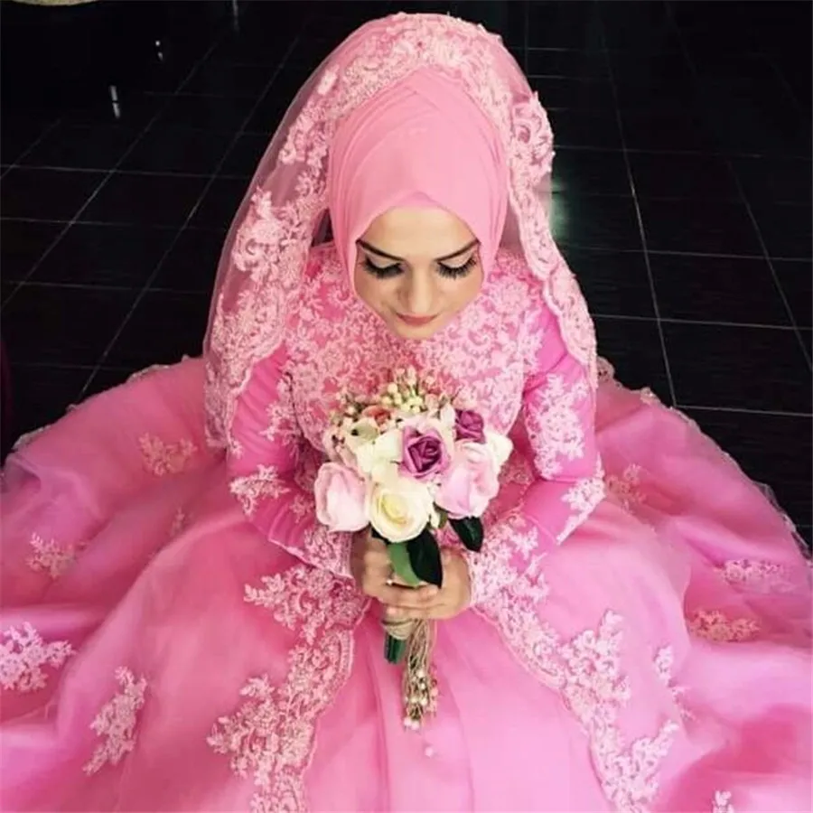 High Neck Long Sleeves Muslim Pink Wedding Dress with Kerchief Appliqued Tulle Bridal Gown Middle East Arabic Bride Dresses