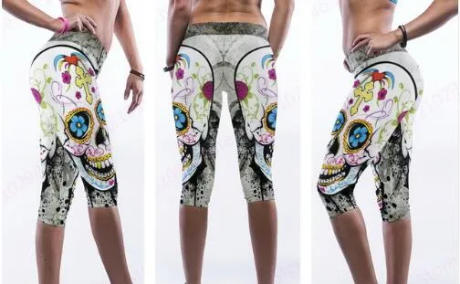 Dames Yoga Compression Leggings Funny Floral Skull Fitness Capri Broek Wit Hoge Taille Dansende Panty Slanke 3/4 Broek