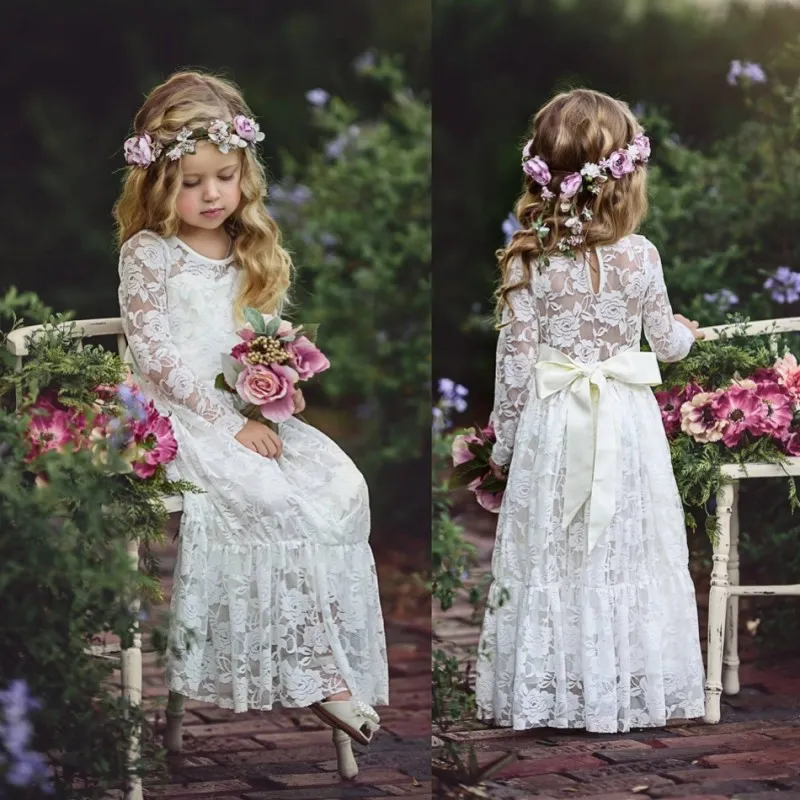 Long Sleeve Boho Flor Meninas Vestidos Para O Casamento Até O Chão Lace Little Kids Primeira Comunhão Vestido Vintage Barato Pageant Vestidos