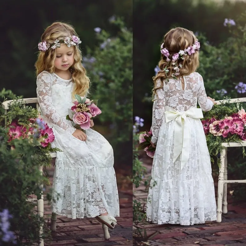 Langarm Boho Blume Mädchen Kleider Für Hochzeit Bodenlangen Spitze Kleine Kinder Erstkommunion Kleid Vintage Günstige Pageant Kleider