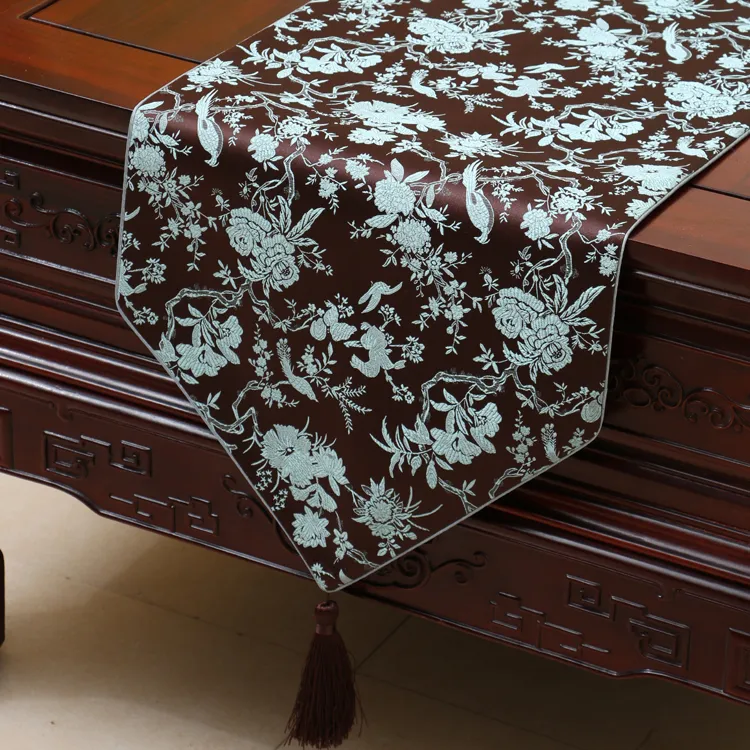 Alongar Flor Pássaros Corredor Da Tabela De Moda de Luxo Decorativa Sala De Jantar Toalha De Mesa High End Brocade De Seda Almofadas De Proteção De Mesa 230x33 cm