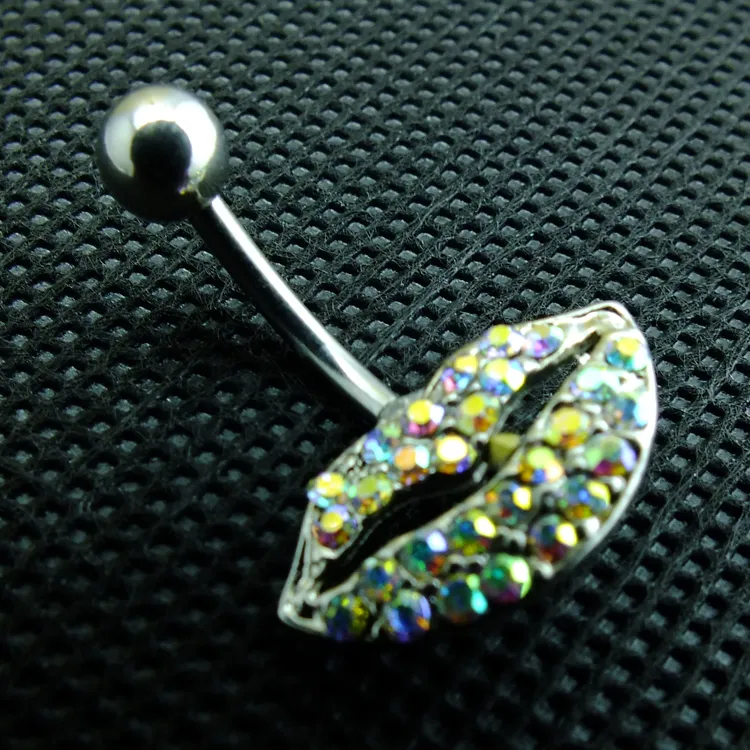 New Style! DIY High Quality Fashion Silver Surgical Steel Colorful Rhinestone Lip Shape Belly Button Ring For Women Body Piecing Jewelry