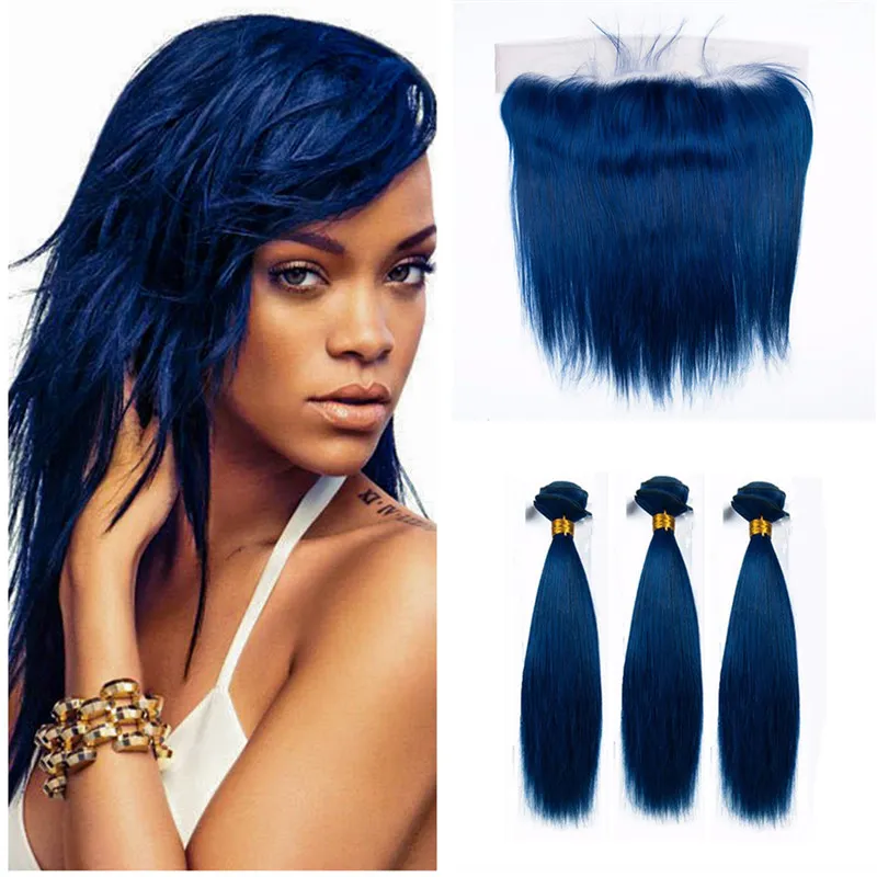 Cabelo Humano brasileiro Virgem Reta Cabelo Azul 3 Pacotes Com Fechamento de Renda Frontal Cosplay Cabelo Humano Tece Com Reta Azul Lace Frontal