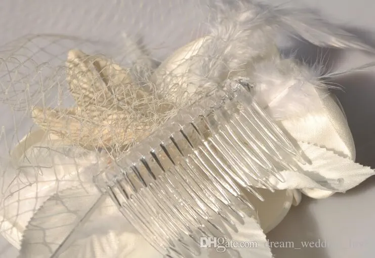 Voiles de cage à oiseaux de mariage 51 cm 80 cm Champagne ivoire fleurs blanches plume cage à oiseaux voile chapeau de mariée pièces de cheveux accessoires de mariée 3974392