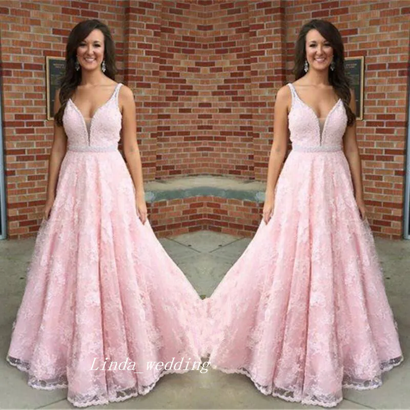 Alina Escote En V Encaje Y Gasa Vestido Con Largas Mangas Rosa Perlado Tallas Grandes