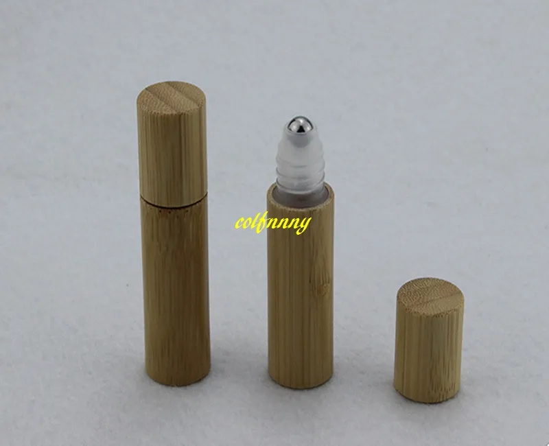 20 stks / partij Gratis verzending 5ml bamboe roll on fles verpakking bamboe shell stalen roller balflessen