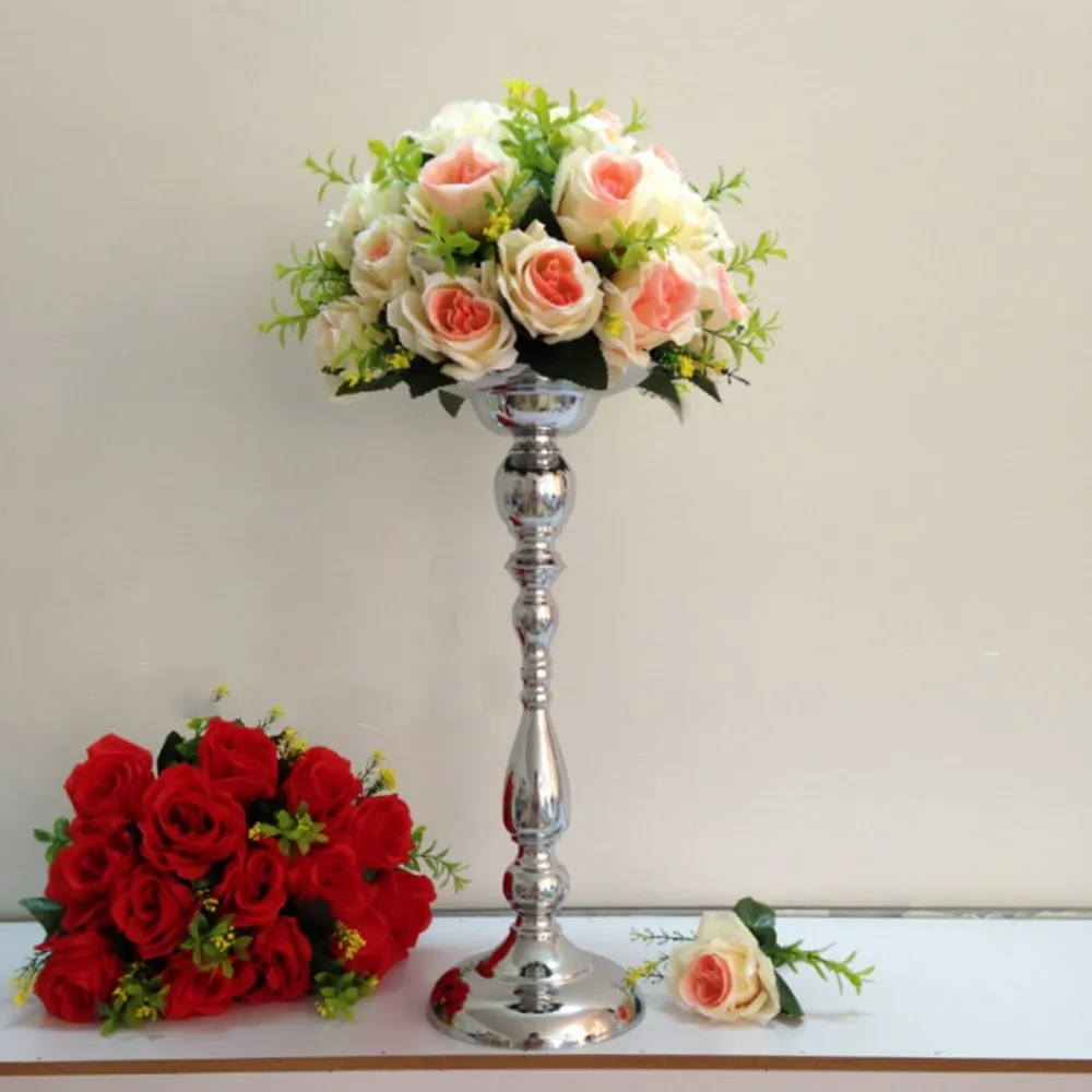 Florero de mesa de 47 cm con acabado plateado clásico, evento de boda o fiesta, camino de plomo, decoración del hogar, estante de flores, candelabro de metal