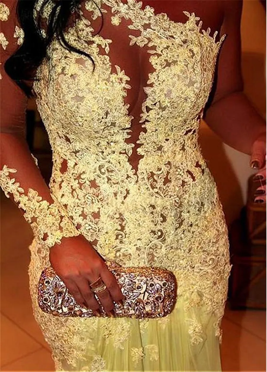 Eleganckie tiulowe szyfonowe osłona wieczorowe sukienki z koronkowymi aplikacjami Wyglądaj przez długie rękawy jedno ramię żółty bal 5469114