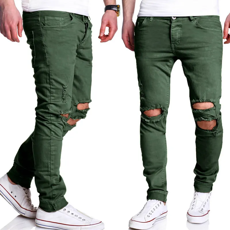 Großhandel - Gerade zerrissene Hosen Männer 2017 brandneue Hip Hop grüne Röhrenjeans Männer Slim Fit Biker Jeans Homme Casual Hosen Hosen Männer