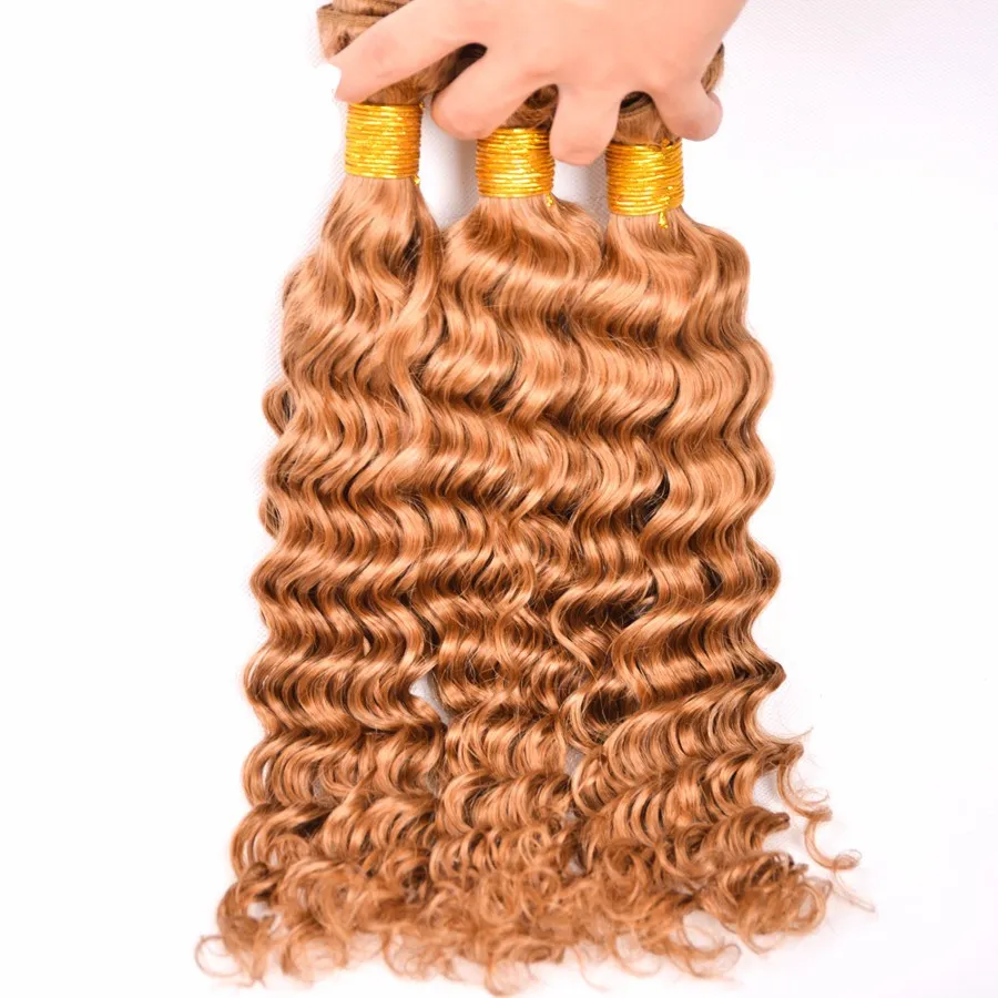 Hot Selling Deep Wave Human Hair Bundles Honey Blonde #27 Deep Wave Hair Weaves Unprocessed Double Weft Deep Curly Wave Hair Extensions