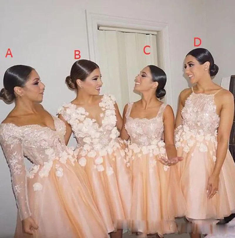 Modest Quatro Estilo Diferente Luz Inchado Curto Da Dama de Honra Vestidos Organza Prom Vestidos de Festa de Renda Applique Backless Maid Of Honor Vestidos