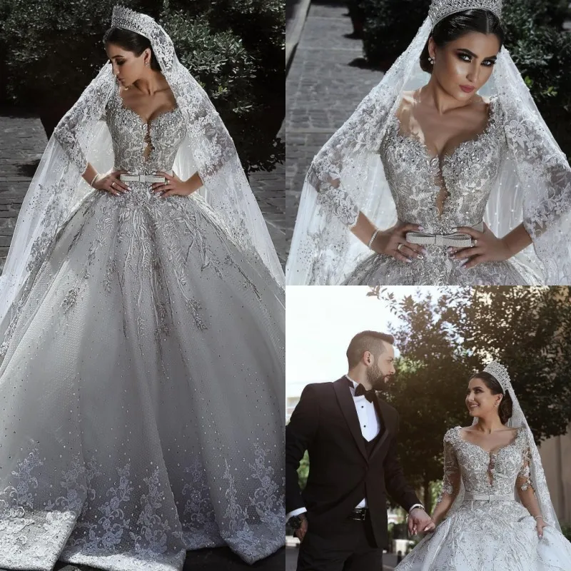 Robes saoudiennes du moyen-orient en cristal, manches longues, robe de bal en dentelle, robes de mariée de pays modeste, 2019