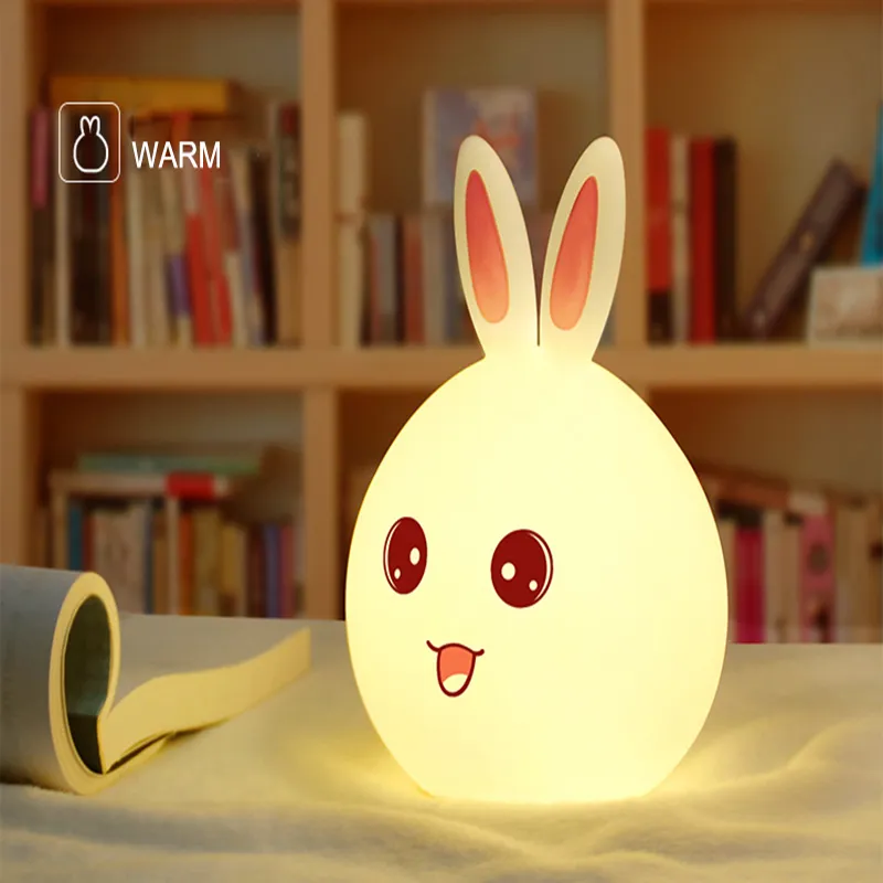 USB Rechargeable Sensitive Tap Control Bedroom Light Single Color and 7-Color Happy Rabbit Toy Silicone LED Night Light Lamp
