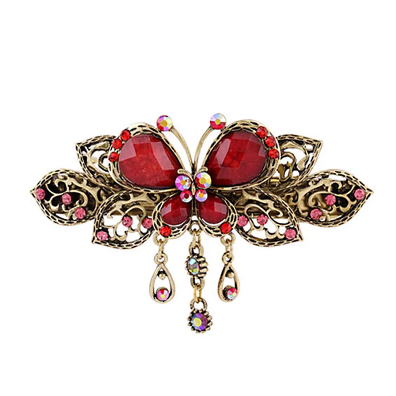 Antique Bronze Barrettes Gemstone Butterfly Włosów Biżuteria Rhinestone Bowknot Hair Klipsy Lady Top Hairpins Women Headwear Tiaras Hurtownie