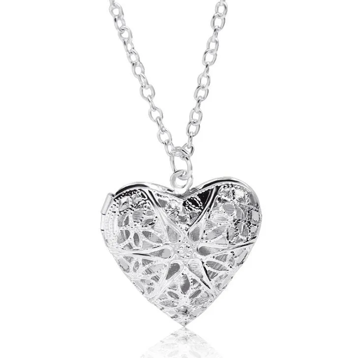 Locket Pendant Necklaces Carving Hollow Heart Necklace Po Frame Lovers Gift Silver Jewelry for Bridal Wedding Necklace4849249