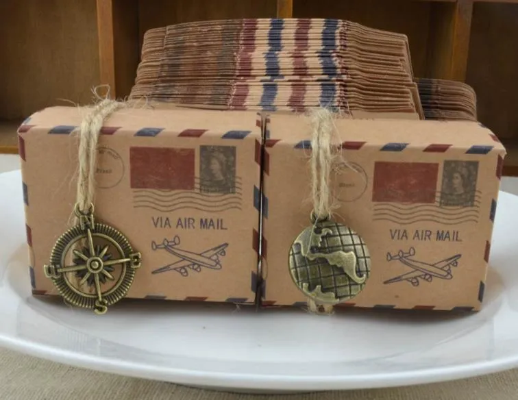 Vintage kraft paper favor box with compass globe pendants Airplane Air Mail Parcel candy gift box birthday party wedding Christmas decor