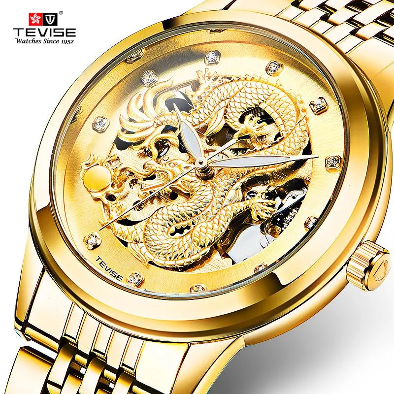 Haute qualité! Montre Homme Squelette Creux Golden Dragon Montre Mécanique Enroulement Automatique Étanche TEVISE Relogio Automatico Masculino