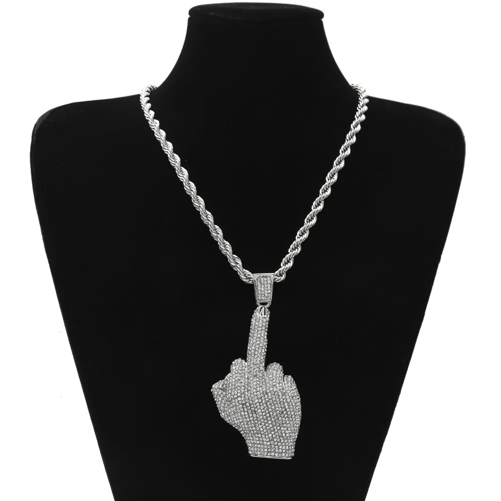 Luxury Full Iced Out Rhinestones Middle Finger Hand Pendant With 1 Row Tennis Chain And 6mm Rope Necklace Men