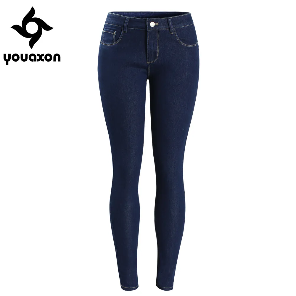 Großhandel - 2092 Youaxon Frauen `s grundlegende dunkelblaue mittel niedrig taille destoy bleistift dünne echte denim hosen jeans für frauen jean