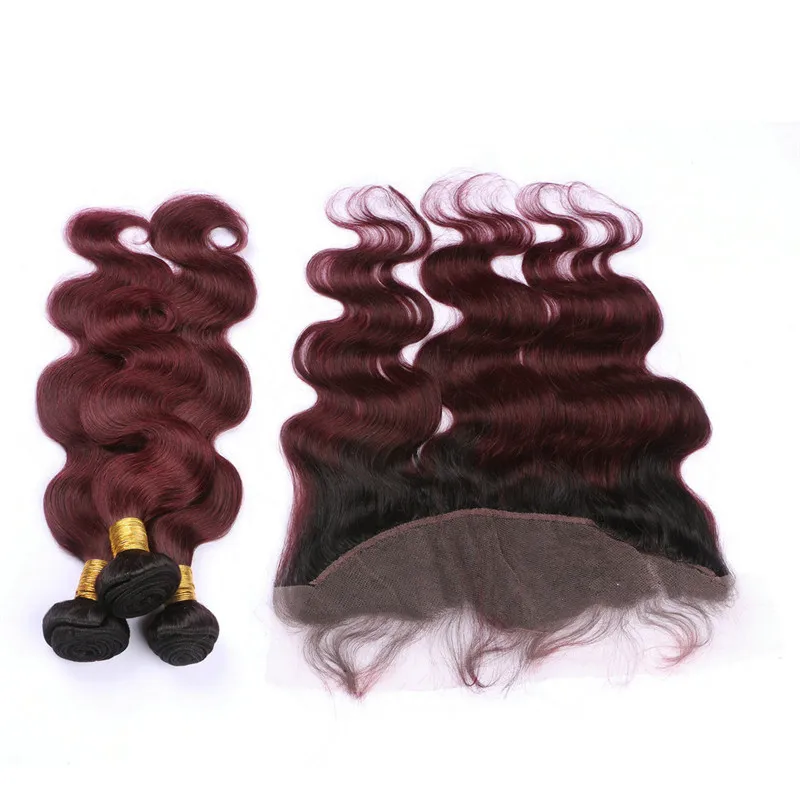 Top Qualité 1B / 99J Vin Rouge Ombre Dentelle Frontale 13x4 Avec Tissages Ondulés Noir et Bourgogne Ombre Péruvienne Vierge Cheveux 3Bundles Avec Frontal