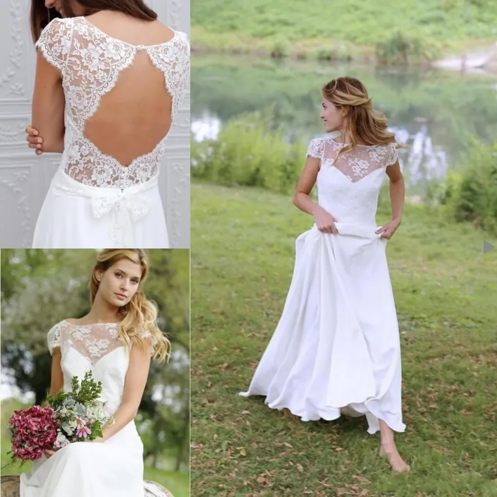 New Arrival Bohemian Wedding Dresses Boho Chiffon Beach Bridal Gowns 2018 Lace Bridal Dresses Capped Sleeve vestido de noiva Custom Made