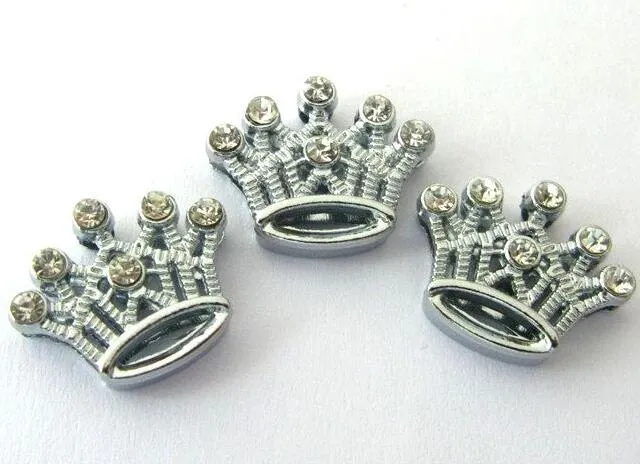 Whole 10mm 100pcs lot Rhinestones crown Slide Charm DIY Accessories fit for 10MM leather wristband bracelet194j