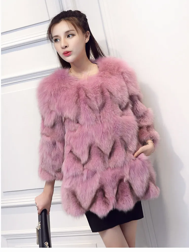 Новая зимняя мода женщин полный шкурки настоящий природный лисицы длинный рукав о-образным вырезом средней длины градиент цвета пальто парок casacos M-3XL