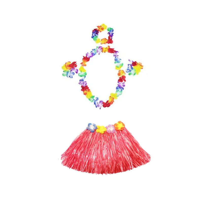 30 세트 30cm 하와이 훌라 잔디 스커트 + 레이 세트 어린이 루아 화려한 드레스 의상 파티 비치 꽃 화환 세트 ZA1581