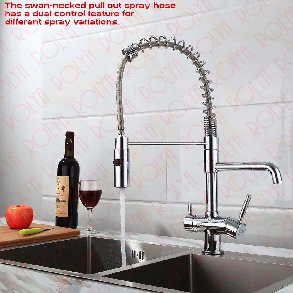 Rolya New Commercial Tri Flow Kitchen Faucet with Spring Hose Sink Mixer Professional 3 Way Water Filter Tap